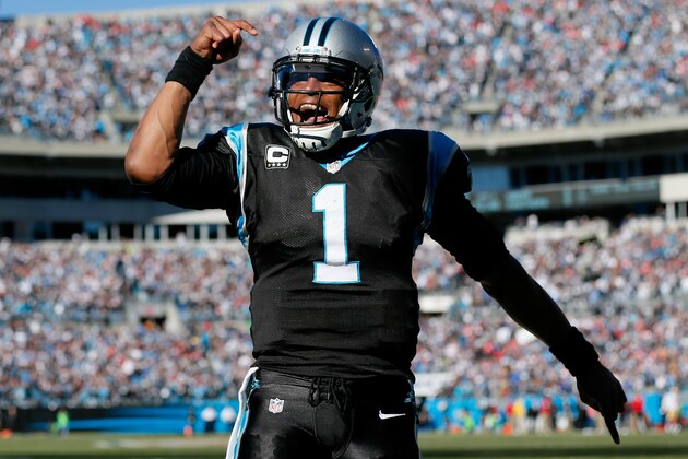 CHARLOTTE, NC - JANUARY 12:  Cam Newton #1 of the Carolina Panthers celebrates after a touchdown pass to Steve Smith #89 in the second quarter against the San Francisco 49ers during the NFC Divisional Playoff Game at Bank of America Stadium on January 12, 2014 in Charlotte, North Carolina.  (Photo by Kevin C. Cox/Getty Images)