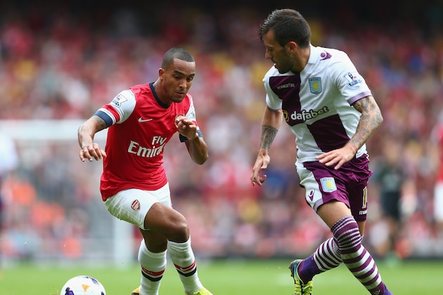 LONDON, ENGLAND - AUGUST 17: Theo Walcott of Arsenal avoids Antonio Luna of Aston Villa during the Barclays Premier League match between Arsenal and Aston Villa at Emirates Stadium on August 17, 2013 in London, England. (Photo by Clive Mason/Getty Images) LONDON, ENGLAND - AUGUST 17: Theo Walcott of Arsenal avoids Antonio Luna of Aston Villa during the Barclays Premier League match between Arsenal and Aston Villa at Emirates Stadium on August 17, 2013 in London, England. (Photo by Clive Mason/Getty Images)