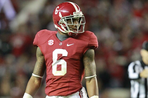 Oct 27, 2012; Tuscaloosa, AL, USA; Alabama Crimson Tide defensive back HaHa Clinton-Dix (6) looks at the offense during the game against the Mississippi State Bulldogs  at Bryant Denny Stadium. Mandatory Credit: Marvin Gentry-USA TODAY Sports