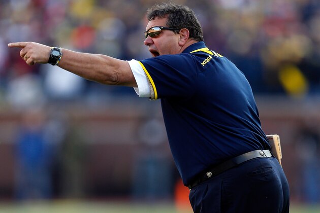 ANN ARBOR, MI - NOVEMBER 30: Head coach Brady Hoke of the Michigan Wolverines looks on against the Ohio State Buckeyes during a game at Michigan Stadium on November 30, 2013 in Ann Arbor, Michigan. (Photo by Gregory Shamus/Getty Images) ANN ARBOR, MI - NOVEMBER 30: Head coach Brady Hoke of the Michigan Wolverines looks on against the Ohio State Buckeyes during a game at Michigan Stadium on November 30, 2013 in Ann Arbor, Michigan. (Photo by Gregory Shamus/Getty Images)