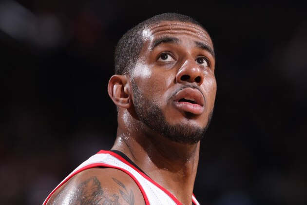PORTLAND, OR - JANUARY 4: LaMarcus Aldridge #12 of the Portland Trail Blazers looks up against the Philadelphia 76ers on January 4, 2014 at the Moda Center Arena in Portland, Oregon. NOTE TO USER: User expressly acknowledges and agrees that, by downloading and or using this photograph, user is consenting to the terms and conditions of the Getty Images License Agreement. Mandatory Copyright Notice: Copyright 2014 NBAE (Photo by Sam Forencich/NBAE via Getty Images) PORTLAND, OR - JANUARY 4: LaMarcus Aldridge #12 of the Portland Trail Blazers looks up against the Philadelphia 76ers on January 4, 2014 at the Moda Center Arena in Portland, Oregon. NOTE TO USER: User expressly acknowledges and agrees that, by downloading and or using this photograph, user is consenting to the terms and conditions of the Getty Images License Agreement. Mandatory Copyright Notice: Copyright 2014 NBAE (Photo by Sam Forencich/NBAE via Getty Images)