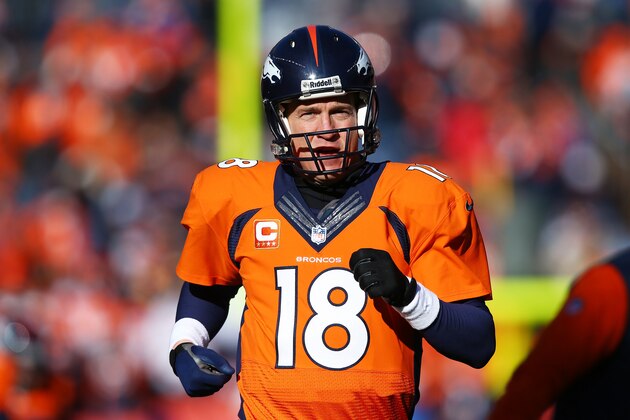 DENVER, CO - JANUARY 12:  Quarterback Peyton Manning #18 of the Denver Broncos warms up prior to their AFC Divisional Playoff Game against the San Diego Chargers at Sports Authority Field at Mile High on January 12, 2014 in Denver, Colorado.  (Photo by Doug Pensinger/Getty Images)