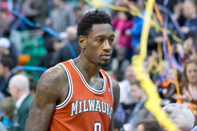 Jan 2, 2014; Salt Lake City, UT, USA; Milwaukee Bucks center Larry Sanders (8) leaves the court after losing to the Utah Jazz 96-87 at EnergySolutions Arena. Mandatory Credit: Russ Isabella-USA TODAY Sports