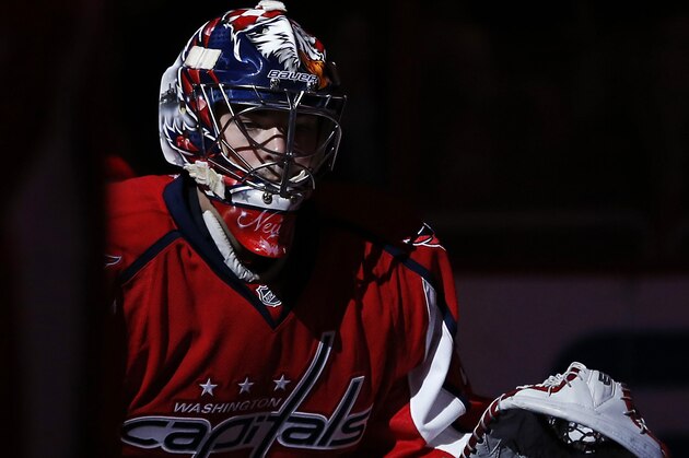 Jan 10, 2014; Washington, DC, USA; Washington Capitals goalie Michal Neuvirth (30) stands on the ice prior to the game against the Toronto Maple Leafs at Verizon Center. Mandatory Credit: Geoff Burke-USA TODAY Sports