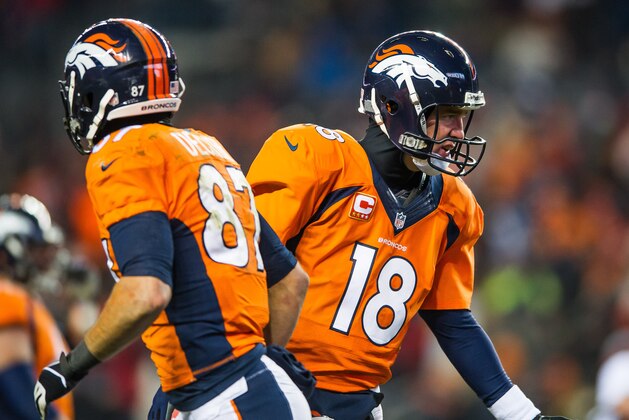 DENVER, CO - DECEMBER 8:  Quarterback Peyton Manning #18 of the Denver Broncos celebrates a 20 yard fourth quarter touchdown pass to Eric Decker #87 during a game against the Tennessee Titans at Sports Authority Field Field at Mile High on December 8, 2013 in Denver, Colorado.  (Photo by Dustin Bradford/Getty Images)