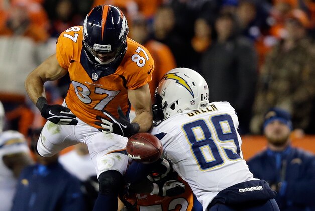 DENVER, CO - JANUARY 12:  Eric Decker #87 of the Denver Broncos drops an onside kick and the San Diego Chargers recover the ball in the fourth quarter during the AFC Divisional Playoff Game at Sports Authority Field at Mile High on January 12, 2014 in Denver, Colorado.  (Photo by Ezra Shaw/Getty Images)
