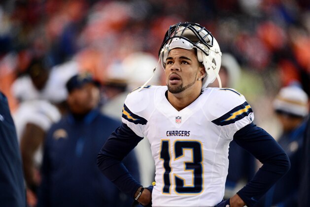 Jan 12, 2014; Denver, CO, USA;San Diego Chargers wide receiver Keenan Allen (13) reacts in the fourth quarter against the Denver Broncos during the 2013 AFC divisional playoff football game at Sports Authority Field at Mile High. Mandatory Credit: Ron Chenoy-USA TODAY Sports