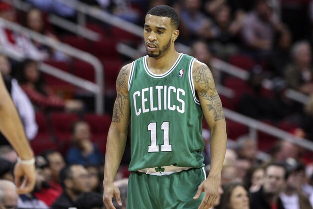Nov 19, 2013; Houston, TX, USA; Boston Celtics shooting guard Courtney Lee (11) reacts after a play during the fourth quarter against the Houston Rockets at Toyota Center. The Rockets defeated the Celtics 109-85. Mandatory Credit: Troy Taormina-USA TODAY Sports