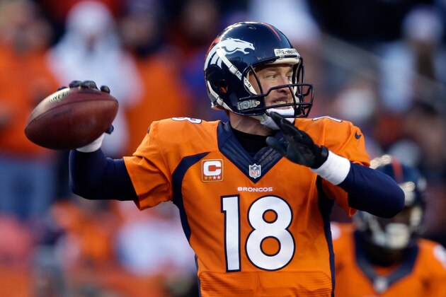 DENVER, CO - JANUARY 12:  Peyton Manning #18 of the Denver Broncos throws a pass against the San Diego Chargers during the AFC Divisional Playoff Game at Sports Authority Field at Mile High on January 12, 2014 in Denver, Colorado.  (Photo by Ezra Shaw/Getty Images)