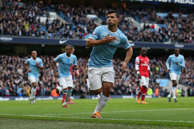 MANCHESTER, ENGLAND - DECEMBER 14:  Sergio Aguero of Manchester City celebrates after scoring the first goal during the Barclays Premier League match between Manchester City and Arsenal at Etihad Stadium  on December 14, 2013 in Manchester, England.  (Photo by Clive Brunskill/Getty Images)