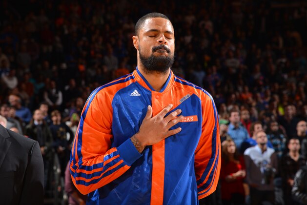 NEW YORK, NY - NOVEMBER 03: Tyson Chandler #6 of the New York Knicks stands for the anthem against the Minnesota Timberwolves on November 3, 2013 at Madison Square Garden in New York City, New York. NOTE TO USER: User expressly acknowledges and agrees that, by downloading and or using this photograph, User is consenting to the terms and conditions of the Getty Images License Agreement. Mandatory Copyright Notice: Copyright 2013 NBAE (Photo by Jesse D. Garrabrant/NBAE via Getty Images)
