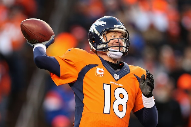 DENVER, CO - JANUARY 12: Peyton Manning #18 of the Denver Broncos passes against the San Diego Chargers during the AFC Divisional Playoff Game at Sports Authority Field at Mile High on January 12, 2014 in Denver, Colorado. (Photo by Christian Petersen/Getty Images) DENVER, CO - JANUARY 12: Peyton Manning #18 of the Denver Broncos passes against the San Diego Chargers during the AFC Divisional Playoff Game at Sports Authority Field at Mile High on January 12, 2014 in Denver, Colorado. (Photo by Christian Petersen/Getty Images)