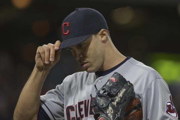 CHICAGO, IL - SEPTEMBER 14:  Ubaldo Jimenez #30 of the  Cleveland Indians reacts while playing the Chicago White Sox during their MLB game at U.S. Cellular Field on September 14, 2013 in Chicago, Illinois. (Photo by John Gress/Getty Images)