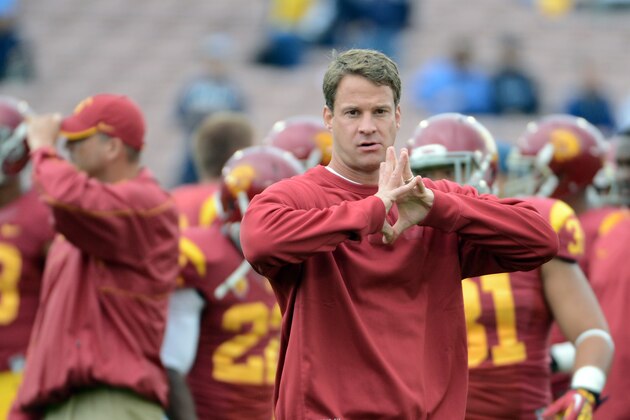 PASADENA, CA - NOVEMBER 17:  Head coach Lane Kiffin of the USC Trojans on the field before the game against the UCLA Bruins at Rose Bowl on November 17, 2012 in Pasadena, California.  (Photo by Harry How/Getty Images)