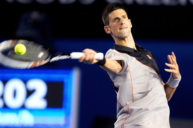 Jan 13, 2014; Melbourne, AUSTRALIA; Novak Djokovic (SRB) during his match against Lukas Lacko (SRB) on day one of the 2014 Australian Open at Melbourne Park.  Mandatory Credit: Matthias Hauer/GEPA via USA TODAY Sports
