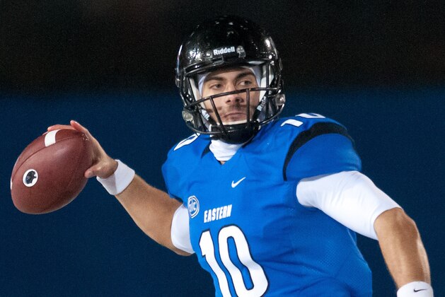 Dec 13, 2013; Charleston, IL, USA;  Eastern Illinois Panthers quarterback Jimmy Garoppolo (10) during the game against the Towson Tigers at O'Brien Field. Mandatory Credit: Bradley Leeb-USA TODAY Sports