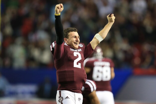 Dec 31, 2013; Atlanta, GA, USA; Texas A&M Aggies quarterback Johnny Manziel (2) reacts to a fourth-quarter interception against the Duke Blue Devils in the 2013 Chick-fil-A Bowl at the Georgia Dome. Mandatory Credit: Daniel Shirey-USA TODAY Sports