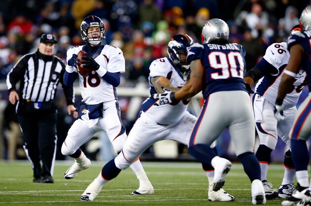 FOXBORO, MA - NOVEMBER 24:  Quarterback Peyton Manning #18 of the Denver Broncos looks to pass against the New England Patriots during a game at Gillette Stadium on November 24, 2013 in Foxboro, Massachusetts.  (Photo by Jared Wickerham/Getty Images)