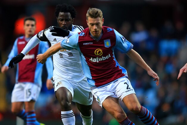 BIRMINGHAM, ENGLAND - DECEMBER 28: Wilfried Bony of Swansea City and Nathan Baker of Aston Villa battle for the ball during the Barclays Premier League match between Aston Villa and Swansea City at Villa Park on December 28, 2013 in Birmingham, England.  (Photo by Richard Heathcote/Getty Images)