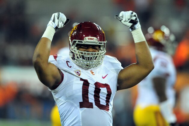 CORVALLIS, OR - NOVEMBER 01: Linebacker Hayes Pullard #10 of the USC Trojans celebrates a USC Trojan interception during the fourth quarter of the game against the Oregon State Beavers at Reser Stadium on November 1, 2013 in Corvallis, Oregon. USC won the game 31-14. (Photo by Steve Dykes/Getty Images)