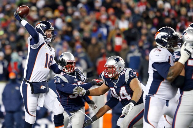 Nov 24, 2013; Foxborough, MA, USA; Denver Broncos quarterback Peyton Manning (18) throws a pass under pressure from New England Patriots defensive tackle Chris Jones (94) in the fourth quarter at Gillette Stadium. The New England Patriots defeated the Denver Broncos 34-31. Mandatory Credit: David Butler II-USA TODAY Sports