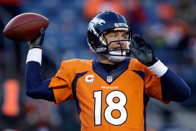 DENVER, CO - JANUARY 12:  Peyton Manning #18 of the Denver Broncos throws a pass against the San Diego Chargers during the AFC Divisional Playoff Game at Sports Authority Field at Mile High on January 12, 2014 in Denver, Colorado.  (Photo by Ezra Shaw/Getty Images)