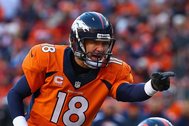 DENVER, CO - JANUARY 12: Peyton Manning #18 of the Denver Broncos calls a play during the AFC Divisional Playoff Game against the San Diego Chargers at Sports Authority Field at Mile High on January 12, 2014 in Denver, Colorado. (Photo by Doug Pensinger/Getty Images) DENVER, CO - JANUARY 12: Peyton Manning #18 of the Denver Broncos calls a play during the AFC Divisional Playoff Game against the San Diego Chargers at Sports Authority Field at Mile High on January 12, 2014 in Denver, Colorado. (Photo by Doug Pensinger/Getty Images)