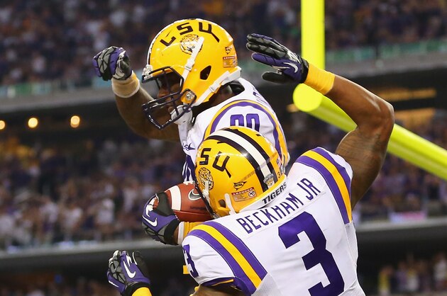 ARLINGTON, TX - AUGUST 31:  Jarvis Landry #80 of the LSU Tigers celebrates his touchdown with Odell Beckham Jr. #3 against the TCU Horned Frogs at AT&T Stadium on August 31, 2013 in Arlington, Texas.  (Photo by Ronald Martinez/Getty Images)