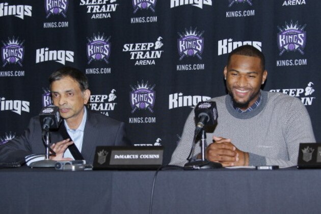 SACRAMENTO, CA - SEPTEMBER 30: Vivek Ranadive' and Demarcus Cousins speak to the media as The Sacramento Kings sign Demarcus to a contract extension on September 30, 2013 at the Kings practice facility in Sacramento, California. NOTE TO USER: User expressly acknowledges and agrees that, by downloading and/or using this Photograph, user is consenting to the terms and conditions of the Getty Images License Agreement. Mandatory Copyright Notice: Copyright 2013 NBAE (Photo by Rocky Widner/NBAE via Getty Images)