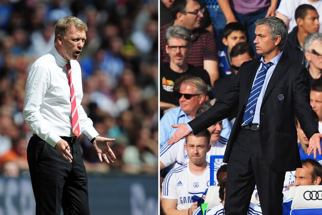 (FILE PHOTO - EDITORS NOTE:  COMPOSITE OF TWO IMAGES - Image Numbers 175984906 (L) and 176743320)  In this composite image a comparison has been made between David Moyes, Manager of Manchester United (L) and Jose Mourinho, Manager of Chelsea.  Premiership title favorites Manchester United and Chelsea meet at Old Trafford, Manchester on August 26, 2013.   *** LEFT IMAGE*** LONDON, ENGLAND - AUGUST 11: Manchester United manager David Moyes issues instructions during of the FA Community Shield match between Manchester United and Wigan Athletic at Wembley Stadium on August 11, 2013 in London, England. (Photo by Jamie McDonald/Getty Images)   ***RIGHT IMAGE***  LONDON, ENGLAND - AUGUST 18: Chelsea manager Jose Mourinho gestures during the Barclays Premier League match between Chelsea and Hull City at Stamford Bridge on August 18, 2013 in London, England. (Photo by Richard Heathcote/Getty Images)