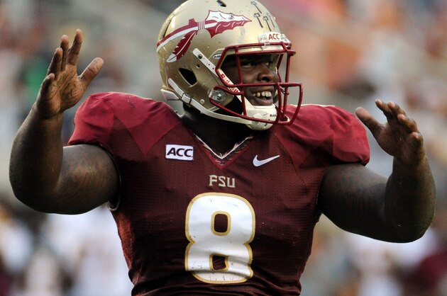 Sep 21, 2013; Tallahassee, FL, USA; Florida State Seminoles defensive tackle Timmy Jernigan (8) celebrates a safety during the first half of the game against the Bethune-Cookman Wildcats at Doak Campbell Stadium. Mandatory Credit: Melina Vastola-USA TODAY Sports Sep 21, 2013; Tallahassee, FL, USA; Florida State Seminoles defensive tackle Timmy Jernigan (8) celebrates a safety during the first half of the game against the Bethune-Cookman Wildcats at Doak Campbell Stadium. Mandatory Credit: Melina Vastola-USA TODAY Sports