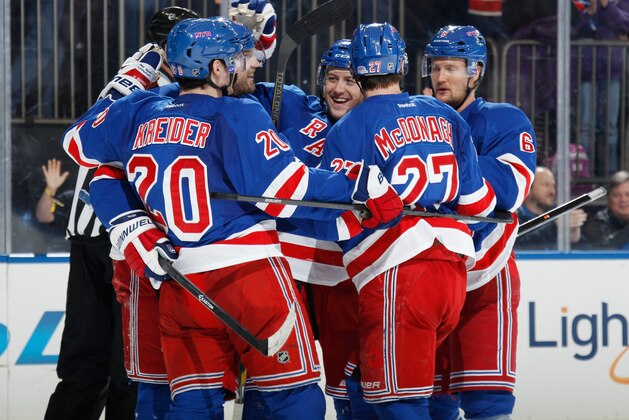NEW YORK, NY - JANUARY 10:  Rick Nash #61, Chris Kreider #20, Derek Stepan #21and Ryan McDonagh #27 of the New York Rangers celebrate after a third-period goal against the Dallas Stars at Madison Square Garden on January 10, 2014 in New York City. (Photo by Scott Levy/NHLI via Getty Images)