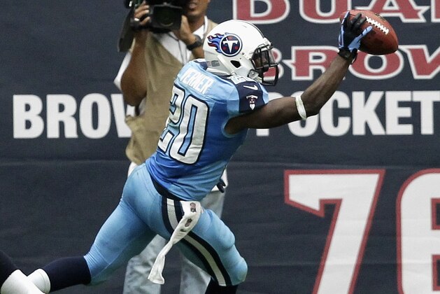 HOUSTON, TX - SEPTEMBER 15:  Alterraun Verner #20 of the Tennessee Titans cleebates after making an interception for a touchdown against the Houston Texans at Reliant Stadium on September 15, 2013 in Houston, Texas.  (Photo by Bob Levey/Getty Images)