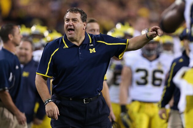 TEMPE, AZ - DECEMBER 28:  Head coach Brady Hoke of the Michigan Wolverines reacts to a non call during the first quarter of the Buffalo Wild Wings Bowl against the Kansas State Wildcats at Sun Devil Stadium on December 28, 2013 in Tempe, Arizona.  (Photo by Christian Petersen/Getty Images)