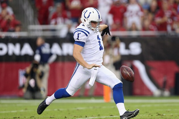 GLENDALE, AZ - NOVEMBER 24:  Punter Pat McAfee #1 of the Indianapolis Colts punts the football during the NFL game against the Arizona Cardinals at the University of Phoenix Stadium on November 24, 2013 in Glendale, Arizona. The Cardinals defeated the Colts 40-11.  (Photo by Christian Petersen/Getty Images)