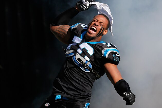 CHARLOTTE, NC - JANUARY 12: Greg Hardy #76 of the Carolina Panthers runs onto the field during player introductions against the San Francisco 49ers during the NFC Divisional Playoff Game at Bank of America Stadium on January 12, 2014 in Charlotte, North Carolina. (Photo by Kevin C. Cox/Getty Images) CHARLOTTE, NC - JANUARY 12: Greg Hardy #76 of the Carolina Panthers runs onto the field during player introductions against the San Francisco 49ers during the NFC Divisional Playoff Game at Bank of America Stadium on January 12, 2014 in Charlotte, North Carolina. (Photo by Kevin C. Cox/Getty Images)