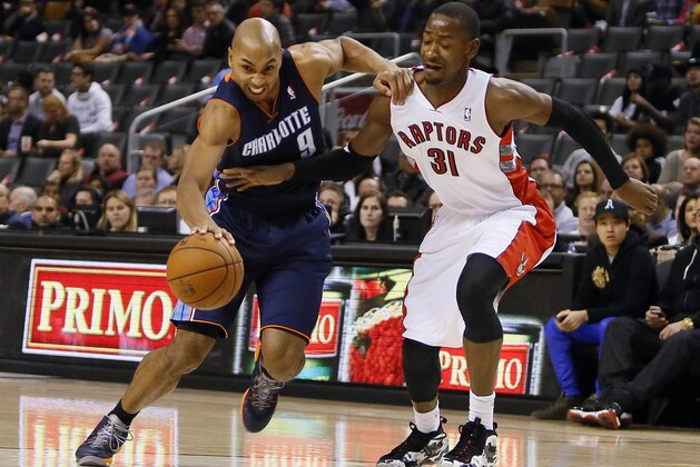 Dec 18, 2013; Toronto, Ontario, CAN; Charlotte Bobcats guard Gerald Henderson (9) drives to the net against Toronto Raptors guard Terrence Ross (31) during the first half at the Air Canada Centre. Mandatory Credit: John E. Sokolowski-USA TODAY Sports Dec 18, 2013; Toronto, Ontario, CAN; Charlotte Bobcats guard Gerald Henderson (9) drives to the net against Toronto Raptors guard Terrence Ross (31) during the first half at the Air Canada Centre. Mandatory Credit: John E. Sokolowski-USA TODAY Sports