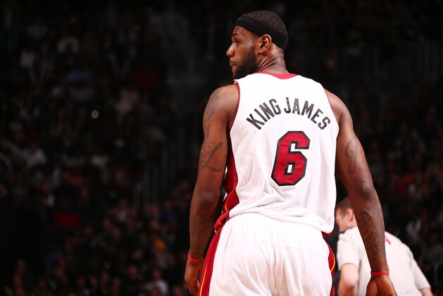 NEW YORK, NY - JANUARY 10: LeBron James #6 of the Miami Heat during a game against the Brooklyn Nets  at the Barclays Center on January 10, 2014 in the Brooklyn borough of New York City.  NOTE TO USER: User expressly acknowledges and agrees that, by downloading and/or using this Photograph, user is consenting to the terms and conditions of the Getty Images License Agreement. Mandatory Copyright Notice: Copyright 2014 NBAE (Photo by Nathaniel S. Butler/NBAE via Getty Images)