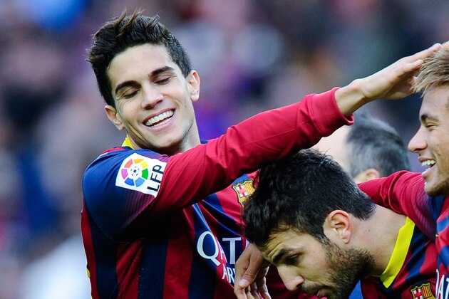 BARCELONA, SPAIN - NOVEMBER 23: Cesc Fabregas (C) of FC Barcelona celebrates with his teammates Marc Bartra (L) and Neymar after scoring his team's second goal from the penalty spot during the La Liga match between FC Barcelona and Granda CF at Camp Nou on November 23, 2013 in Barcelona, Spain. (Photo by David Ramos/Getty Images) BARCELONA, SPAIN - NOVEMBER 23: Cesc Fabregas (C) of FC Barcelona celebrates with his teammates Marc Bartra (L) and Neymar after scoring his team's second goal from the penalty spot during the La Liga match between FC Barcelona and Granda CF at Camp Nou on November 23, 2013 in Barcelona, Spain. (Photo by David Ramos/Getty Images)