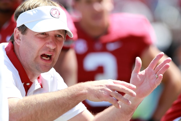 Apr 20, 2013; Tuscaloosa, AL, USA; Alabama Crimson Tide defensive coordinator Kirby Smart talks to the defense during the A-Day game at Bryant Denny Stadium. Mandatory Credit: Marvin Gentry-USA TODAY Sports