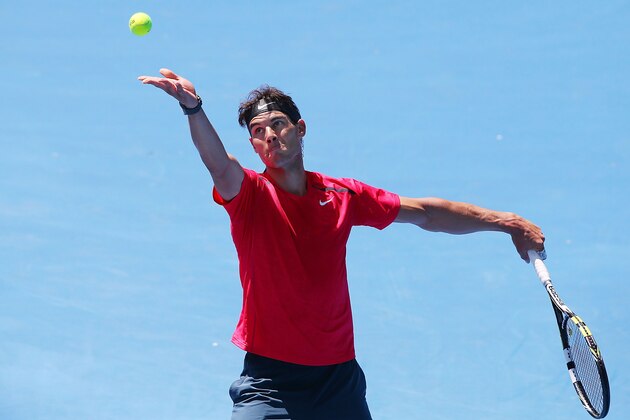 MELBOURNE, AUSTRALIA - JANUARY 09: Rafael Nadal of Spain serves during his training session ahead of the 2014 Australian Open at Melbourne Park on January 9, 2014 in Melbourne, Australia. (Photo by Michael Dodge/Getty Images) MELBOURNE, AUSTRALIA - JANUARY 09: Rafael Nadal of Spain serves during his training session ahead of the 2014 Australian Open at Melbourne Park on January 9, 2014 in Melbourne, Australia. (Photo by Michael Dodge/Getty Images)