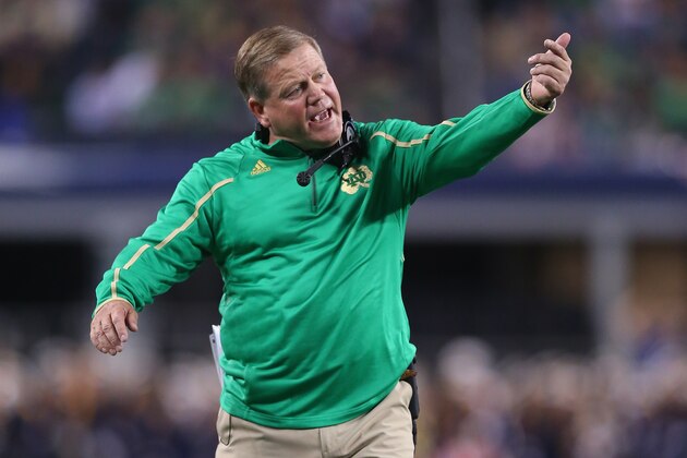 ARLINGTON, TX - OCTOBER 05:  Head coach Brian Kelly of the Notre Dame Fighting Irish on the sidelines during play against the Arizona State Sun Devils at Cowboys Stadium on October 5, 2013 in Arlington, Texas.  (Photo by Ronald Martinez/Getty Images)