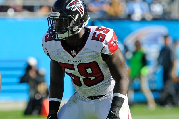 Nov 3, 2013; Charlotte, NC, USA; Atlanta Falcons linebacker Joplo Bartu (59) during the game against the Carolina Panthers at Bank of America Stadium. Panthers win 34-10. Mandatory Credit: Sam Sharpe-USA TODAY Sports
