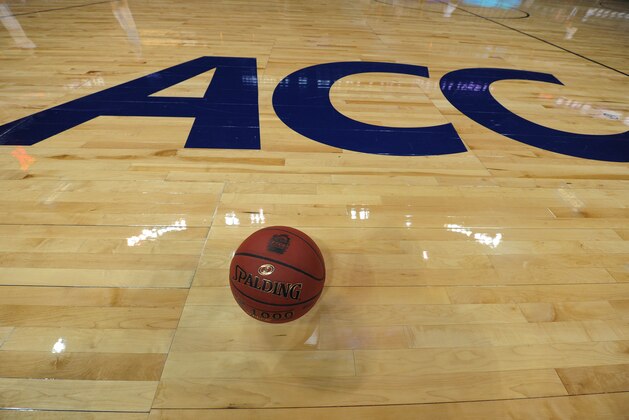 Mar 9, 2012; Atlanta, GA, USA;  The ACC logo and game ball as seen on the floor prior to the start of the quarter-final game between the North Carolina Tar Heels and the Maryland Terrapins in the 2012 ACC Men's Basketball Tournament at Philips Arena. Mandatory Credit: Bob Donnan-USA TODAY Sports