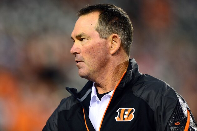 Sep 16, 2013; Cincinnati, OH, USA; Cincinnati Bengals defensive coordinator Mike Zimmer prior to the game against the Pittsburgh Steelers at Paul Brown Stadium. Mandatory Credit: Andrew Weber-USA TODAY Sports