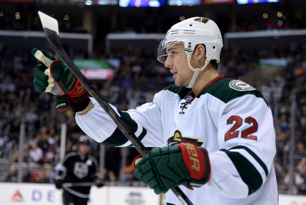 LOS ANGELES, CA - JANUARY 07:  Nino Niederreiter #22 of the Minnesota Wild reacts to his goal for a 1-1 tie with the Los Angeles Kings during the second period at Staples Center on January 7, 2014 in Los Angeles, California.  (Photo by Harry How/Getty Images)
