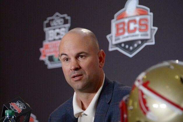 Jan 2, 2014; Newport Beach, CA, USA; Florida State Seminoles offensive coordinator Jeremy Pruitt at the 2014 BCS National Championship press conference at Newport Beach Marriott. Mandatory Credit: Kirby Lee-USA TODAY Sports
