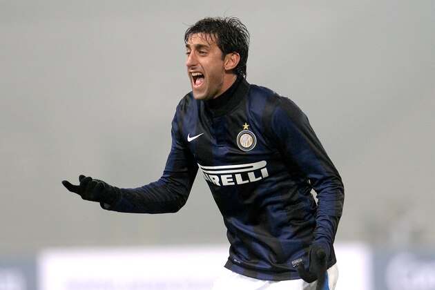 UDINE, ITALY - JANUARY 09:  Diego Alberto Milito of Internazionale Milano reacts during the TIM Cup match between Udinese Calcio and FC Internazionale Milano at Stadio Friuli on January 9, 2014 in Udine, Italy.  (Photo by Dino Panato/Getty Images)