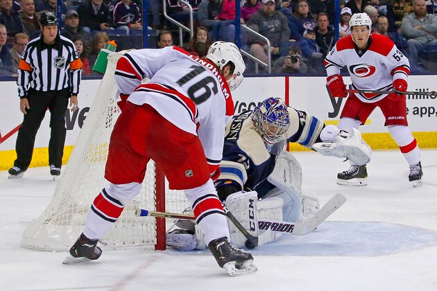COLUMBUS, OH - JANUARY 10:  Sergei Bobrovsky #72 of the Columbus Blue Jackets stops a point blank shot from Elias Lindholm #16 of the Carolina Hurricanes during the third period on January 10, 2014 at Nationwide Arena in Columbus, Ohio. Columbus defeated Carolina 3-0. (Photo by Kirk Irwin/Getty Images)