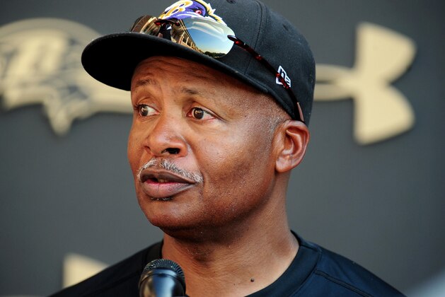 Aug 12, 2013; Owings Mills, MD, USA; Baltimore Ravens offensive coordinator Jim Caldwell talks to the media after training camp at the Under Armour Performance Center. Mandatory Credit: Evan Habeeb-USA TODAY Sports